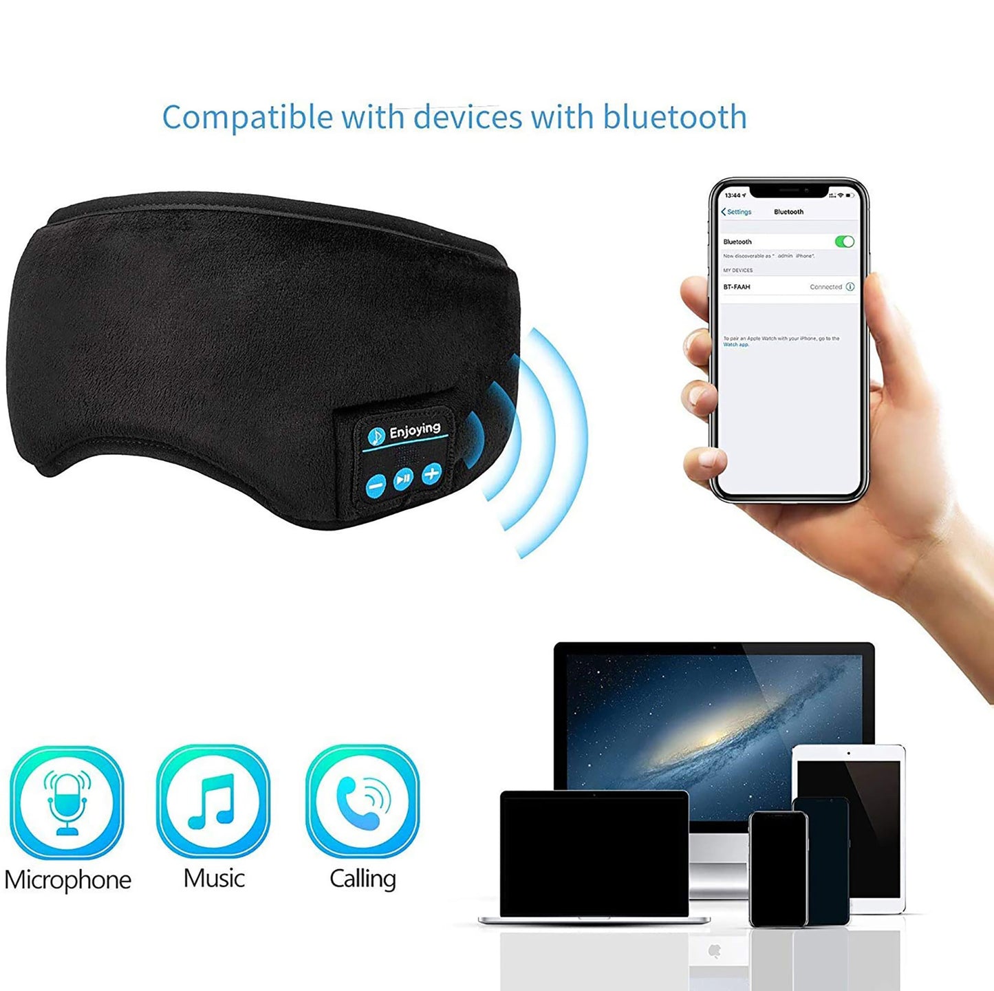 Casque de sommeil Bluetooth 3D transfrontalier avec casque audio intelligent sans fil pour appels musicaux et anti-artefacts, respirant et protecteur d'ombres pour le sommeil