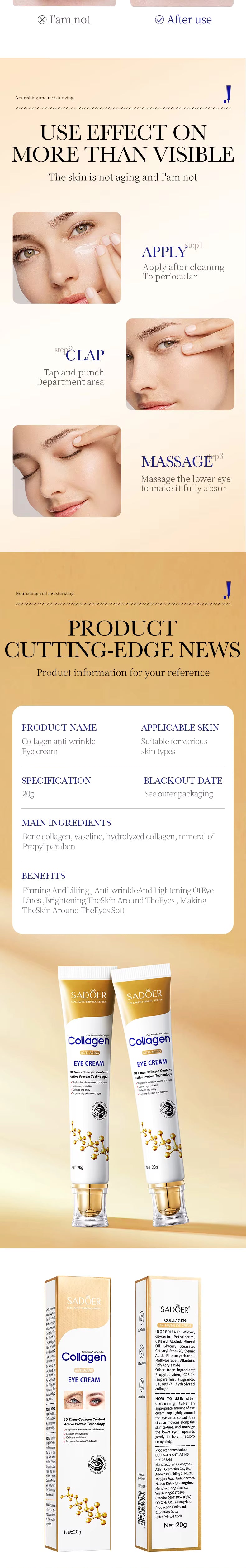 Livraison gratuite : SADOER Crème contour des yeux au collagène Soin anti-cernes et anti-poches raffermissant et hydratant Soin pour les yeux