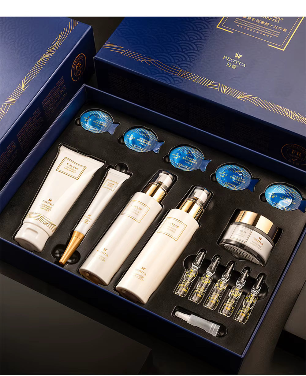 Coffret de 15 produits de soins du visage à l'extrait de caviar : hydratant, blanchissant, anti-âge. Kit de cosmétiques coréens pour la beauté et la santé de la peau.