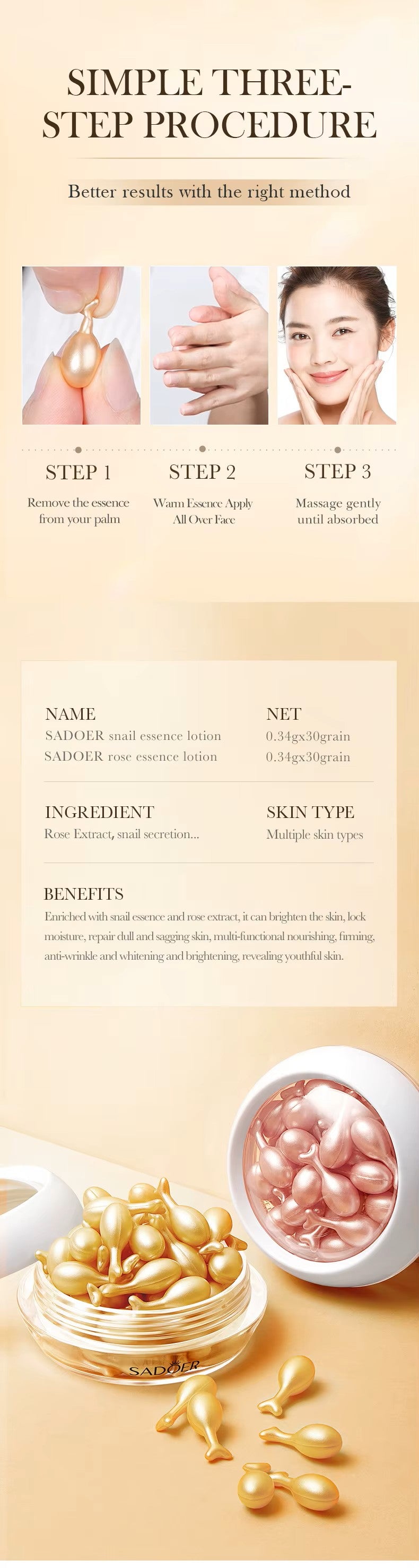 sérum facial SADOER à la rose, lot de 30 capsules de  : hydratant, illuminateur et raffermissant. Soin de beauté pour le visage.