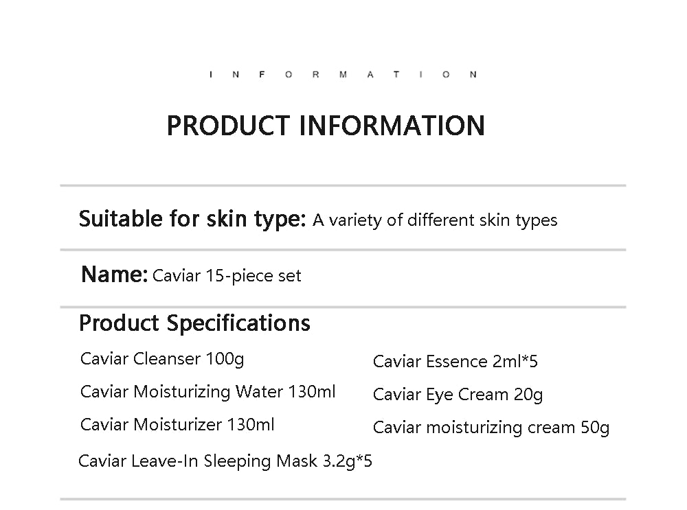 Coffret de 15 produits de soins du visage à l'extrait de caviar : hydratant, blanchissant, anti-âge. Kit de cosmétiques coréens pour la beauté et la santé de la peau.