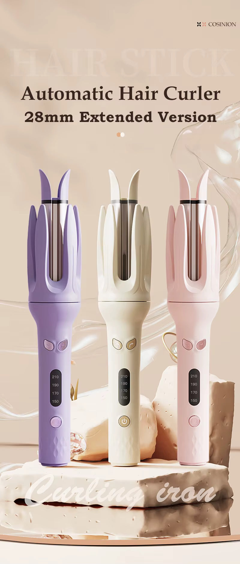 Fer à boucler automatique 28 mm à ions négatifs, électrique, en céramique, rotatif, anti-emmêlement, pour boucles et ondulations.