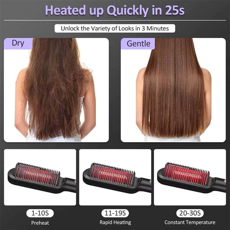 Lisseur à cheveux en céramique chauffante 2 en 1, brosse lissante électrique à ions négatifs, outil de coiffage à chauffe rapide, existe en 4 couleurs.