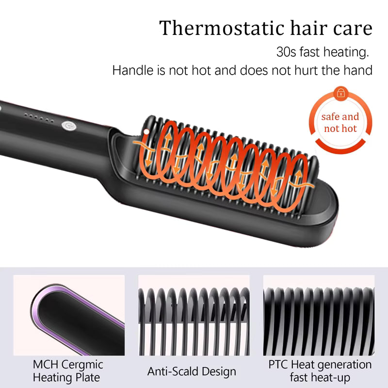 Lisseur à cheveux en céramique chauffante 2 en 1, brosse lissante électrique à ions négatifs, outil de coiffage à chauffe rapide, existe en 4 couleurs.